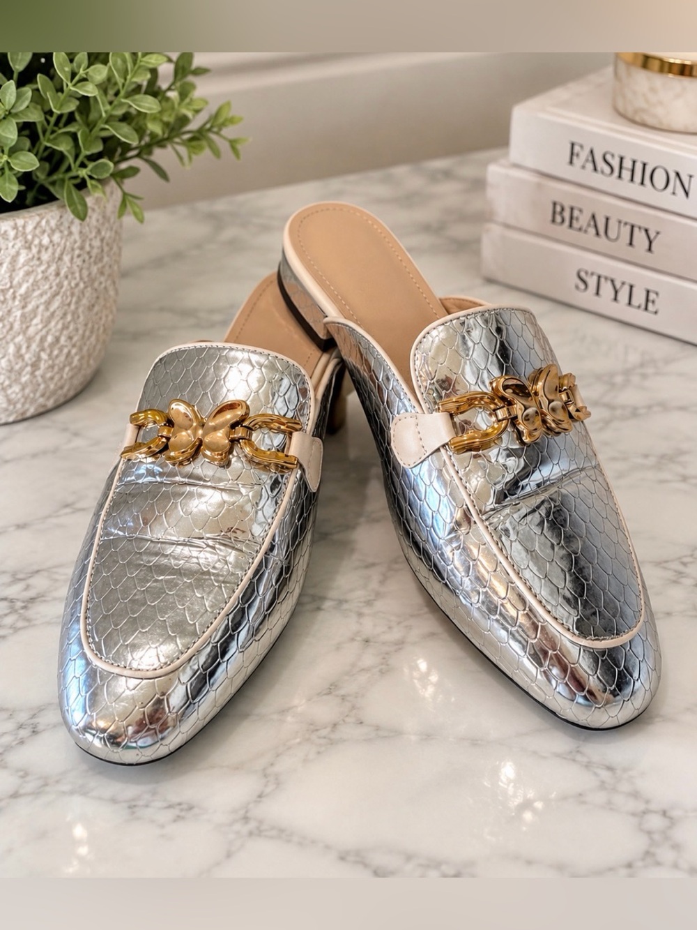 Metallic Silver Butterfly Chain-Trim Slip-On Mules - 8